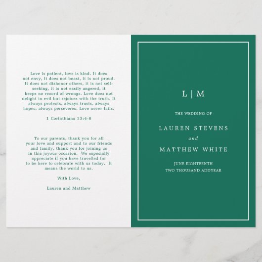 Programme de mariage élégant et simple vert émerau (Devant)