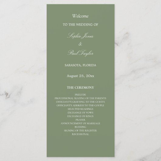 Programme de mariage élégant et vert Sage (Devant)