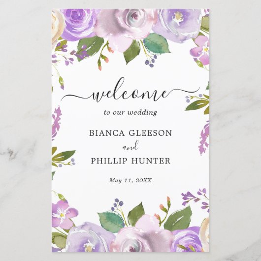 Programme de mariage élégant floral aquarelle lila (Devant)