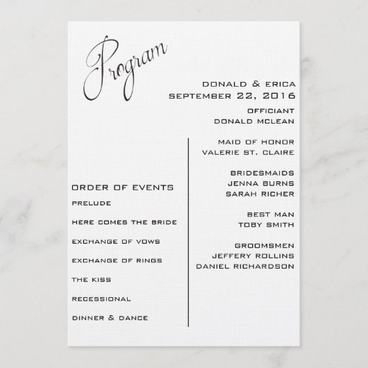 Programme de mariage élégant noir et blanc (Devant)
