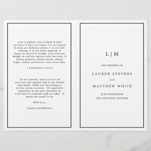 Programme de mariage élégant noir et blanc simple (Devant)