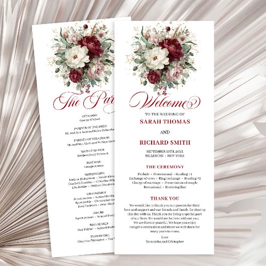 Programme de mariage élégant or rouge bordeaux