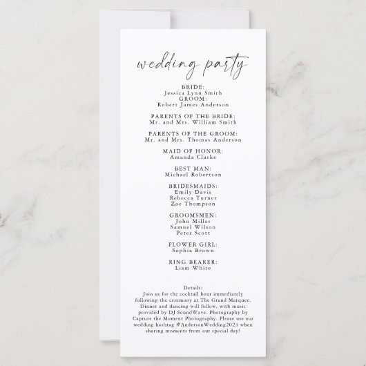 Programme De Mariage Élégant, Ordre Simple Des Évé (Dos)