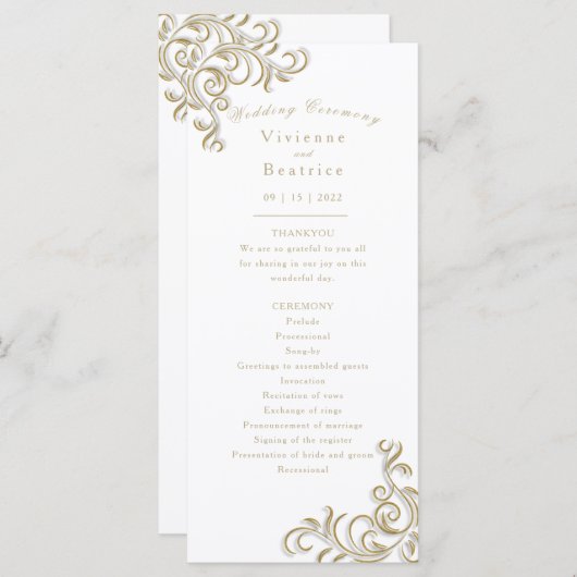 Programme de mariage élégant parchemin or (Devant / Derrière)