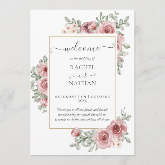 Programme de mariage élégant poussiéreux rose flor (Devant)