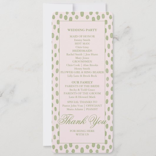 Programme de mariage élégant rose et vert à pois (Dos)