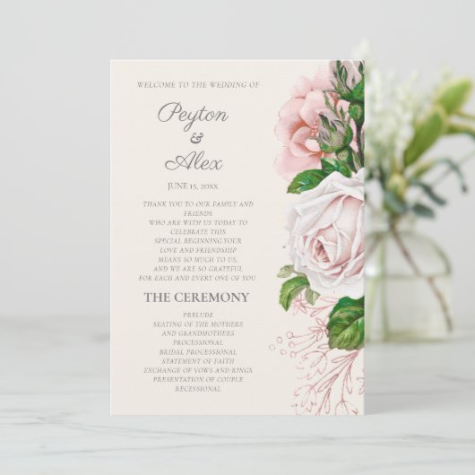 Programme de mariage élégant rose pâle floral crèm (Debout devant)
