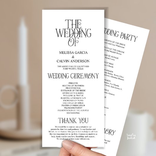 Programme de mariage élégant typographie noir et b