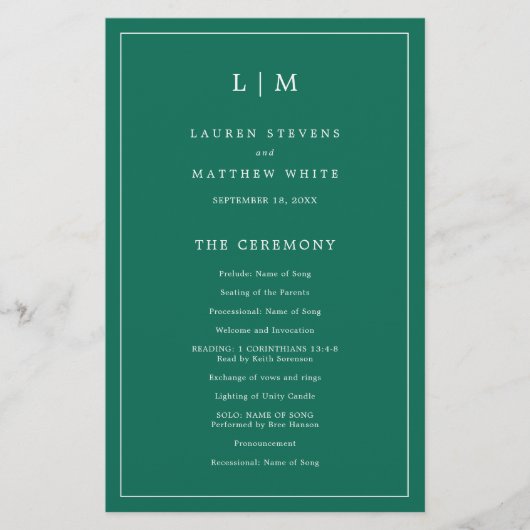 Programme de mariage élégant vert émeraude simple (Devant)