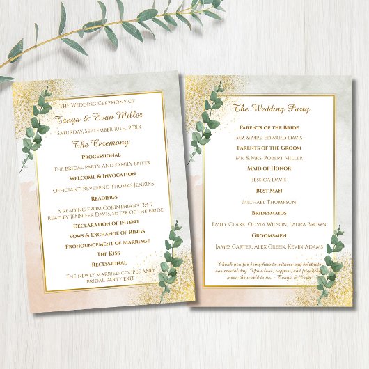 Programme de mariage élégant vert et or