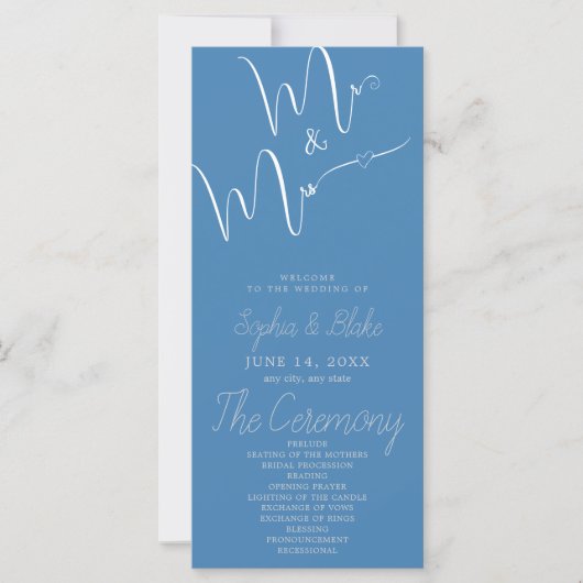 Programme de mariage en acier bleu pour M. et Mme  (Devant)