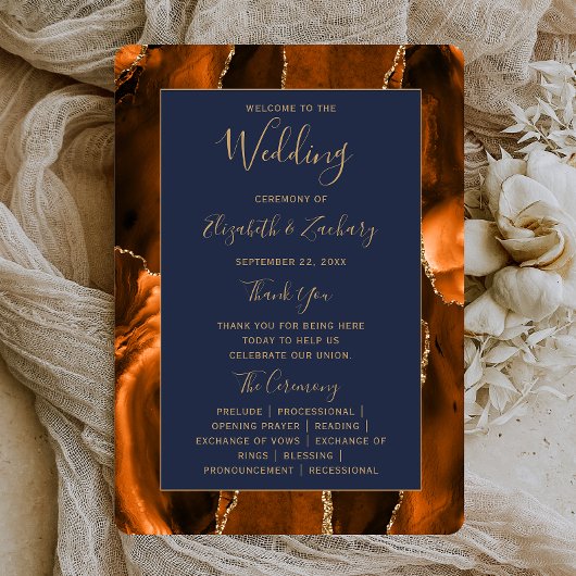 Programme de mariage en agate orange brûlé et bleu