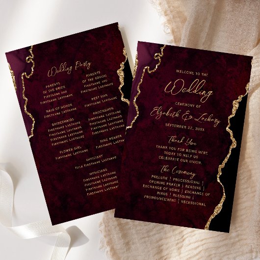 Programme de mariage en agate rouge Bourgogne doré