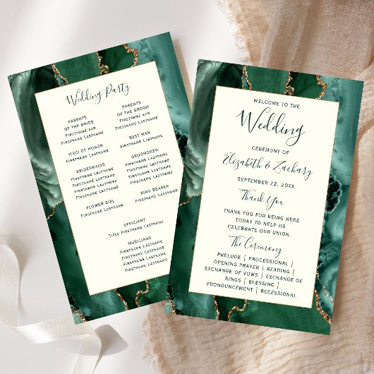 Programme de mariage en agate vert émeraude et ivo
