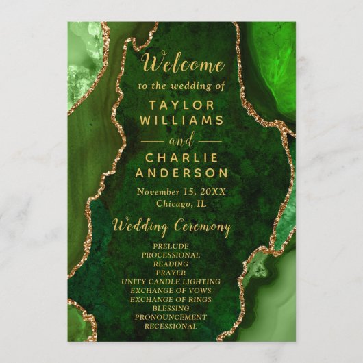 Programme de mariage en Agate Verte et Dorée (Devant)
