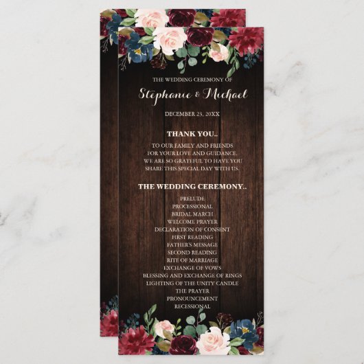 Programme de mariage en bois de la marine rouge de (Devant / Derrière)