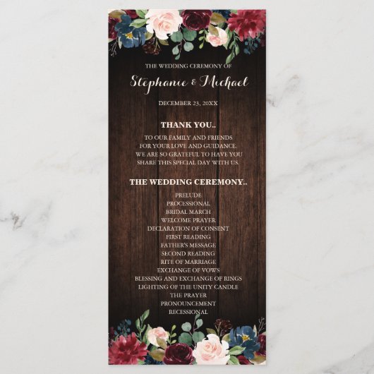 Programme de mariage en bois de la marine rouge de (Devant)