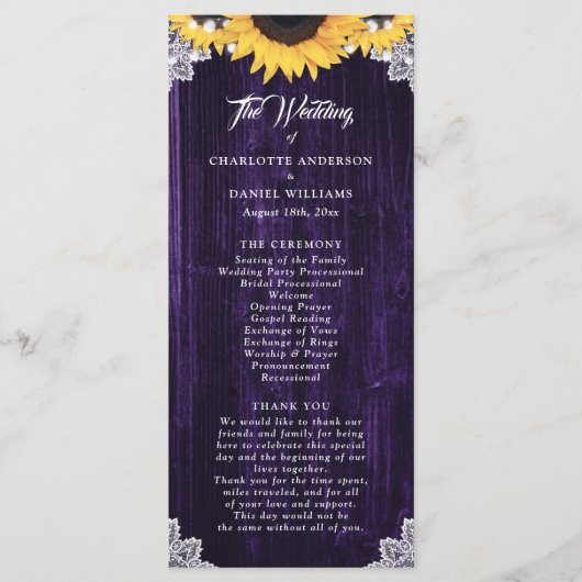 Programme de mariage en bois de tournesol violet e (Devant)