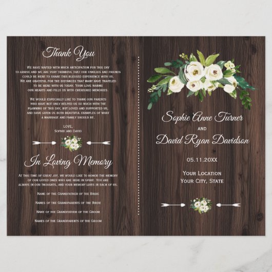 Programme de mariage en bois floral blanc aquarell (Devant)