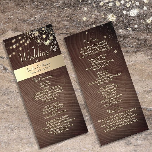 Programme de mariage en bois rustique avec guirlan