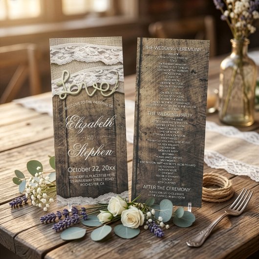 Programme de mariage en bois rustique corde d'amou