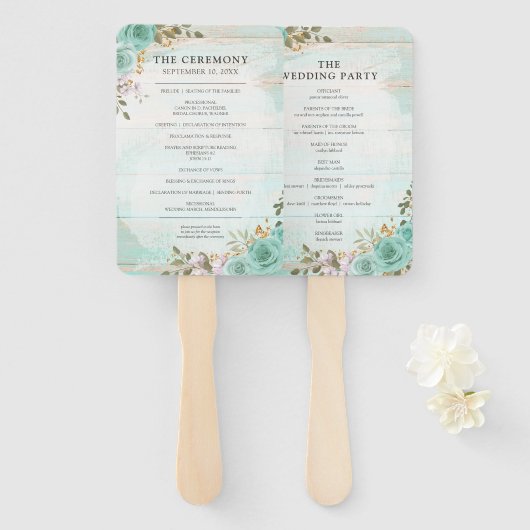 Programme de mariage en bois rustique et éventail (Devant et derrière)