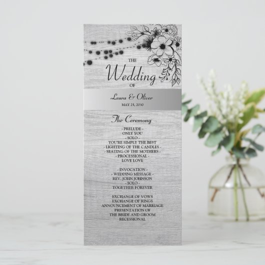 Programme de mariage en bois rustique noir et blan (Debout devant)