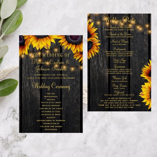 Programme de mariage en bois rustique tournesol or
