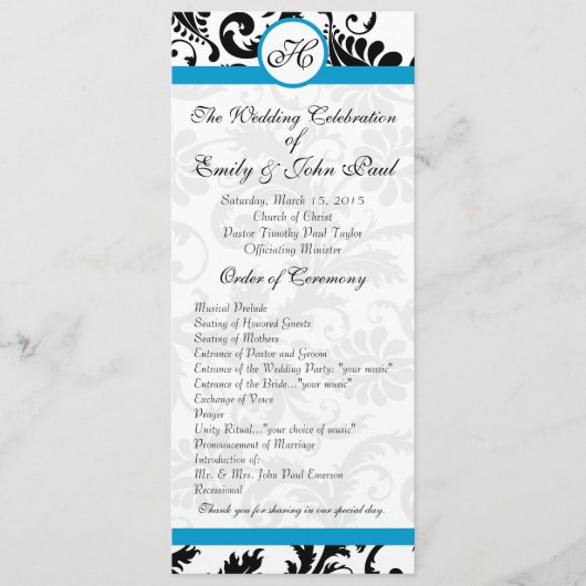 Programme de mariage en damas noir Aqua Trim (Devant)