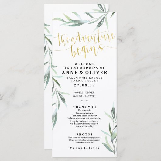 Programme de mariage en eucalyptus rustique or (Devant / Derrière)