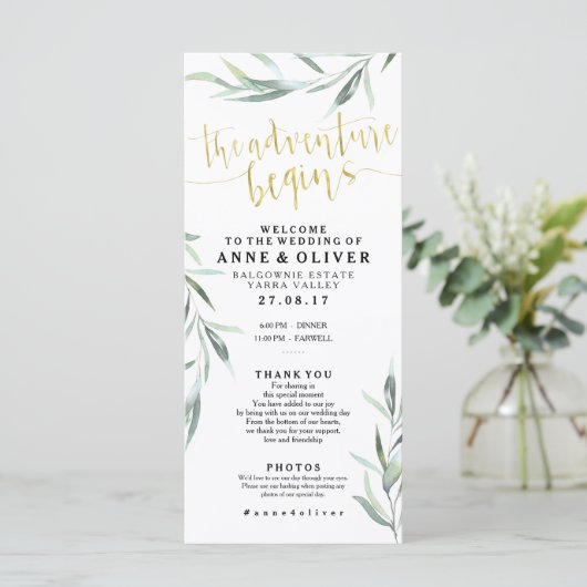 Programme de mariage en eucalyptus rustique or (Debout devant)