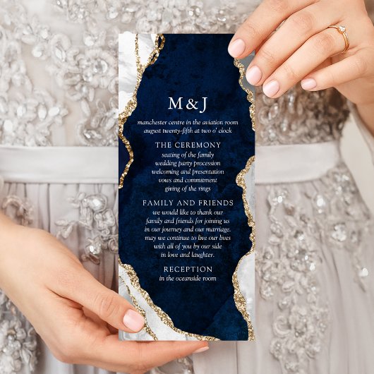 Programme de mariage en marbre Navy, blanc et agat