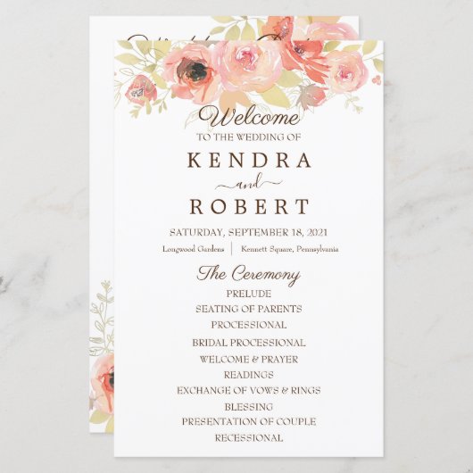 Programme de mariage en papier feuille Corail Rose (Devant / Derrière)