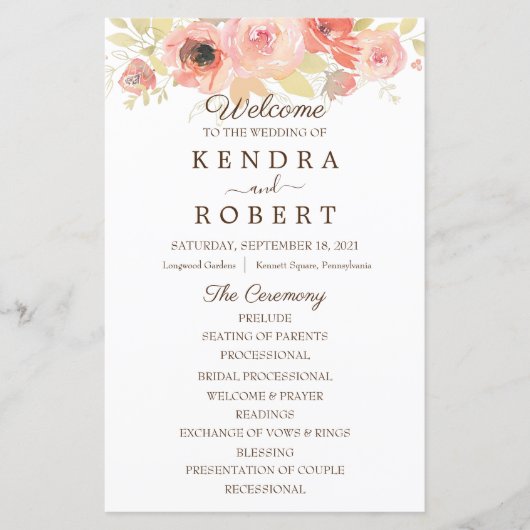 Programme de mariage en papier feuille Corail Rose (Devant)