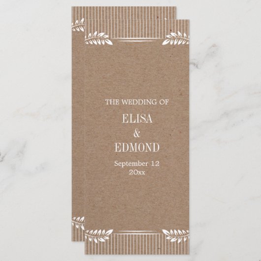 Programme de mariage en papier Kraft avec des feui (Devant / Derrière)