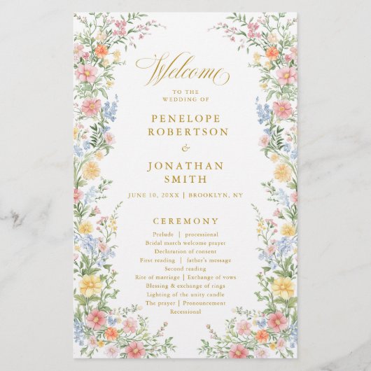Programme de mariage en pastel doux orné de doré d (Devant)