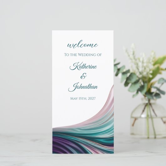 Programme de mariage en soie sarcelle et blush (Debout devant)