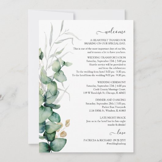 Programme de mariage et de bienvenue avec verdure (Devant)