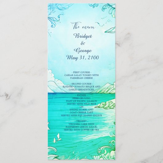 programme de mariage et menu ambiance côtière bleu (Devant)