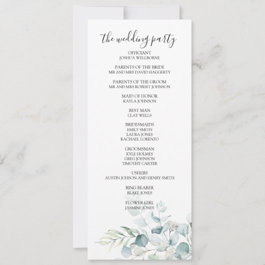Programme de mariage - Eucalyptus (Dos)