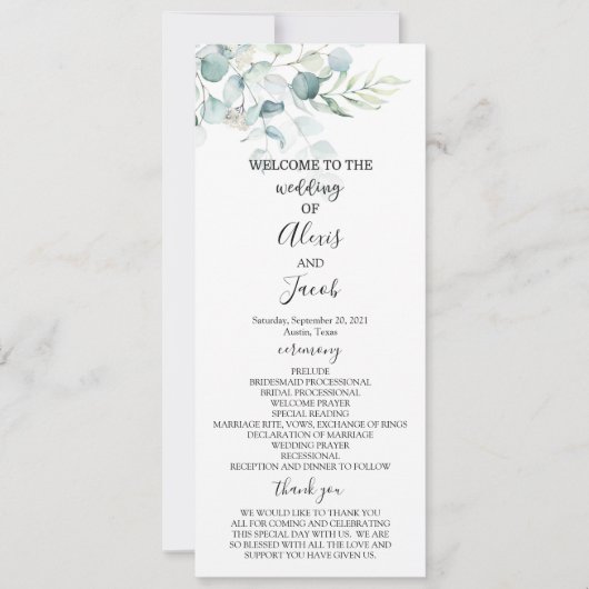 Programme de mariage - Eucalyptus (Devant)