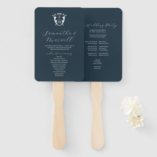 Programme de mariage éventail bleu marine Monogram (Devant et derrière)