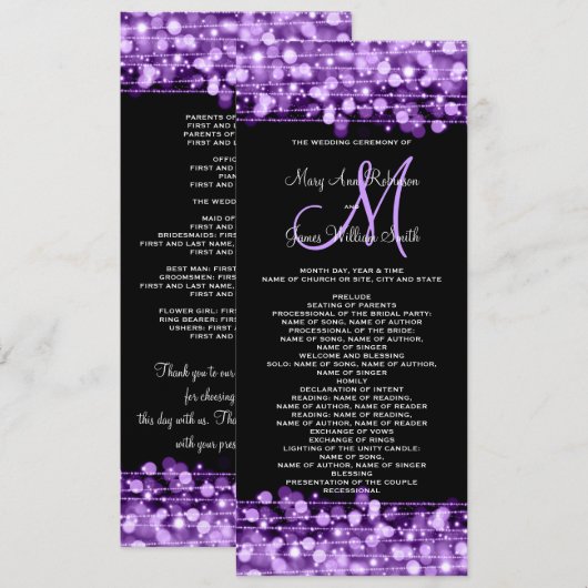 Programme de Mariage Fête Étincelles Violet (Devant / Derrière)