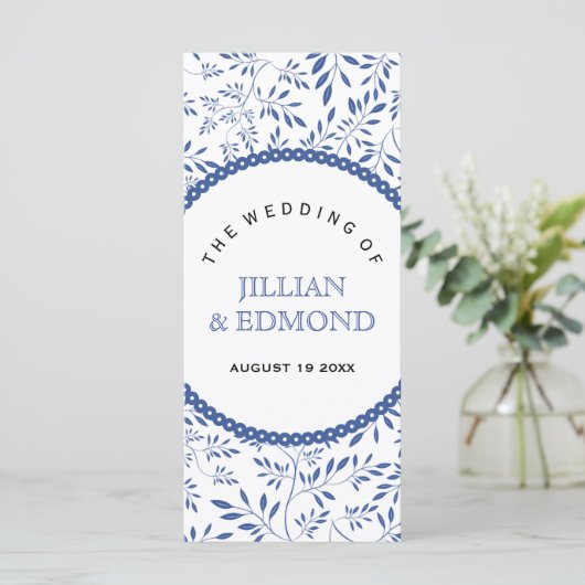 Programme de mariage feuille en bleu Indigo (Debout devant)