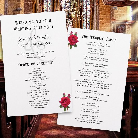 Programme de mariage feuille plate Roses Rouges
