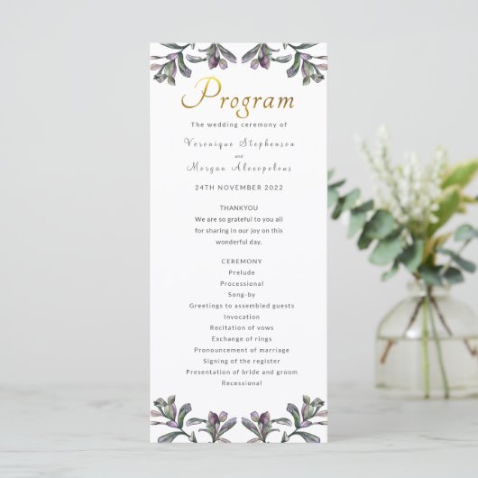 Programme de mariage feuille tropicale or script (Debout devant)