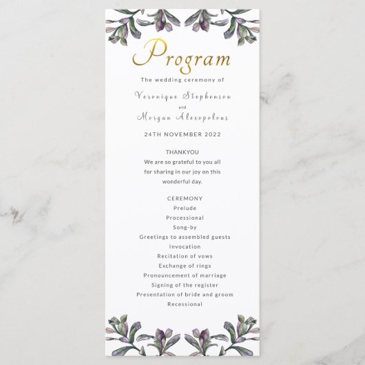 Programme de mariage feuille tropicale or script (Devant)