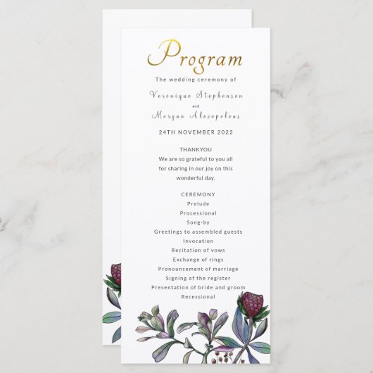 Programme de mariage feuille tropicale script or f (Devant / Derrière)