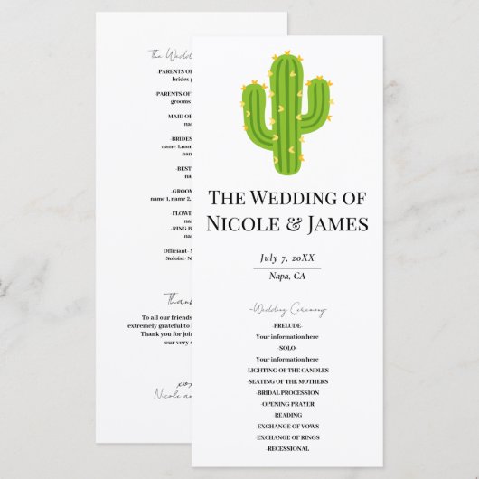 Programme de mariage Fiesta Cactus Cœur Jaune Amou (Devant / Derrière)