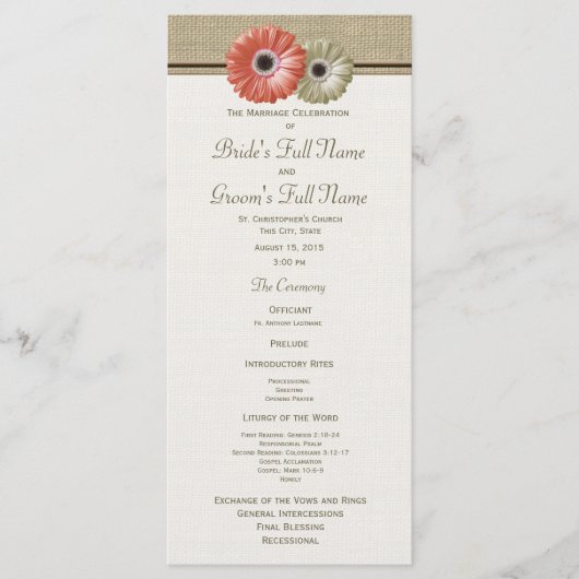 Programme de mariage Fleur de Gerbera Corail et Iv (Devant)